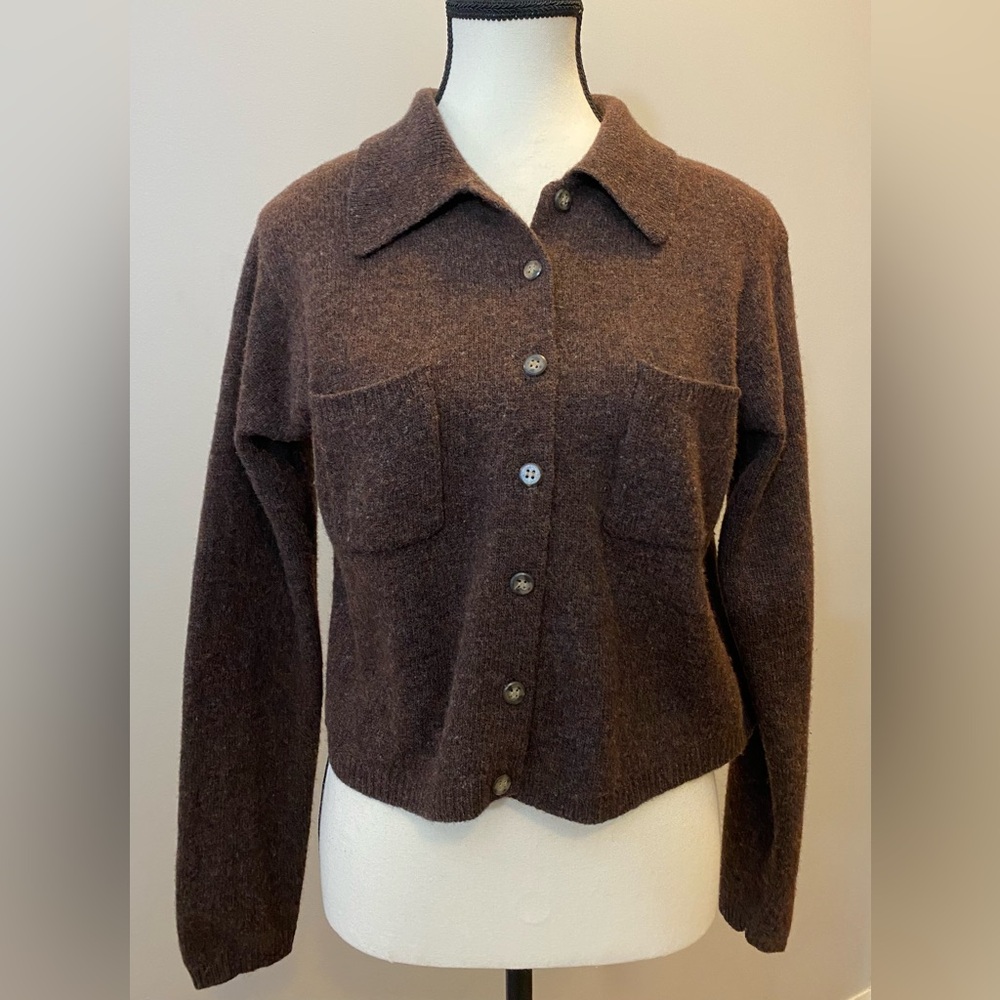96% lambswool cropped cardigan chocolate brown size L eclectic grandpa Scandi